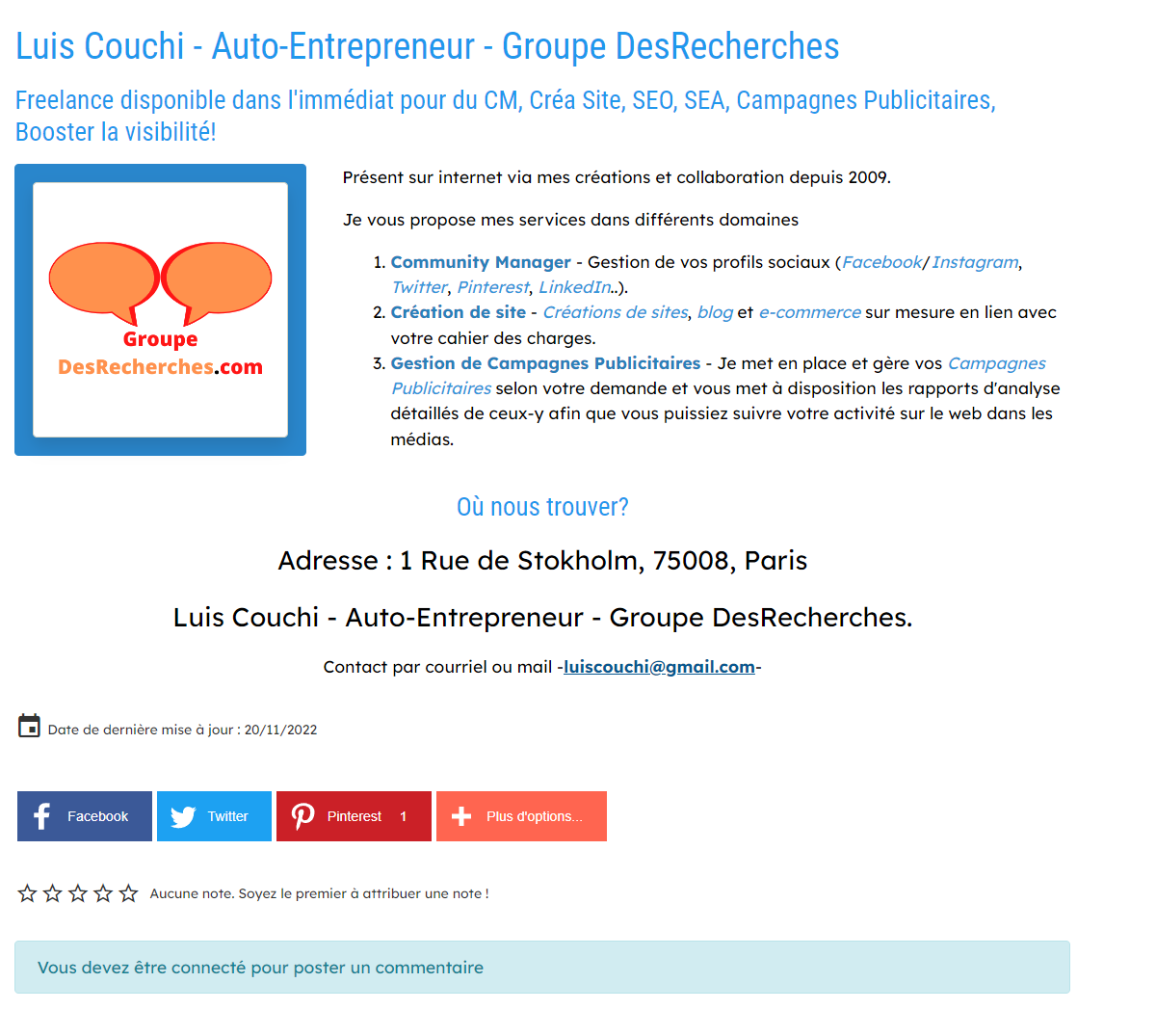 Capture - luis couchi auto entrepreneur groupe desrecherches com adresses www desrecherches com - Adresses by DesRecherches.com